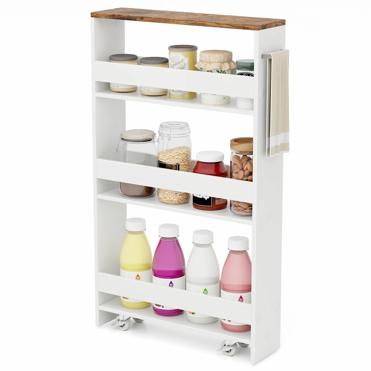 COSTWAY Carrello Portaoggetti a 4 Ripiani, Carrello da Cucina con Maniglia Laterale e Ruote, Carrellino Scorrevole Salvaspazio Slim e Sottile (Marrone+Bianco, 13 cm)
