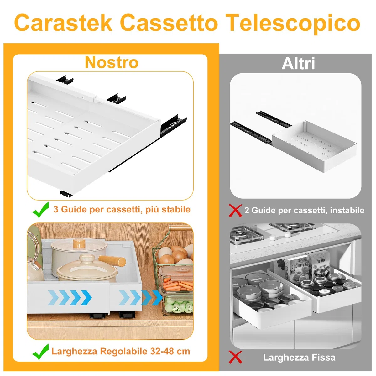 Cassetto Telescopico, 2 Pezzi Espandibile Ripiani per Cassetti Estraibili per Armadio da Cucina Cassetto Scorrevole Estensibile Estraibile Larghezza Regolabile 32-52cm Per Cucina Bagno Soggiorno