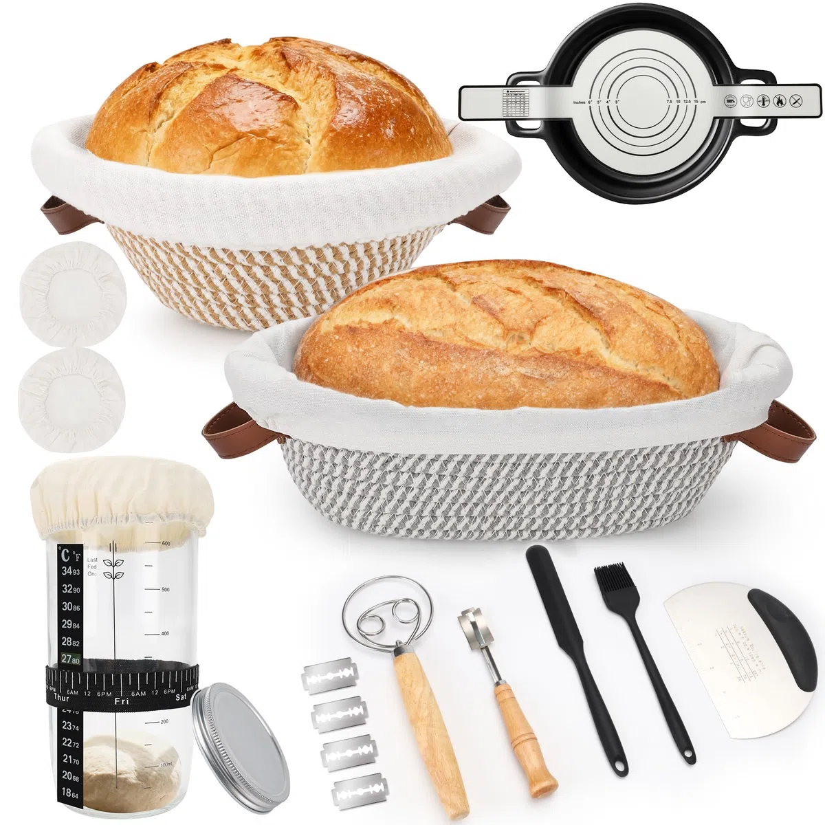 Set di cestini per la lievitazione del pane, cestini rotondi in cotone da 23 cm e 25 cm, set di pasta madre, barattolo di fermentazione da 730 ml, accessori per la cottura del pane - kit di avviamento