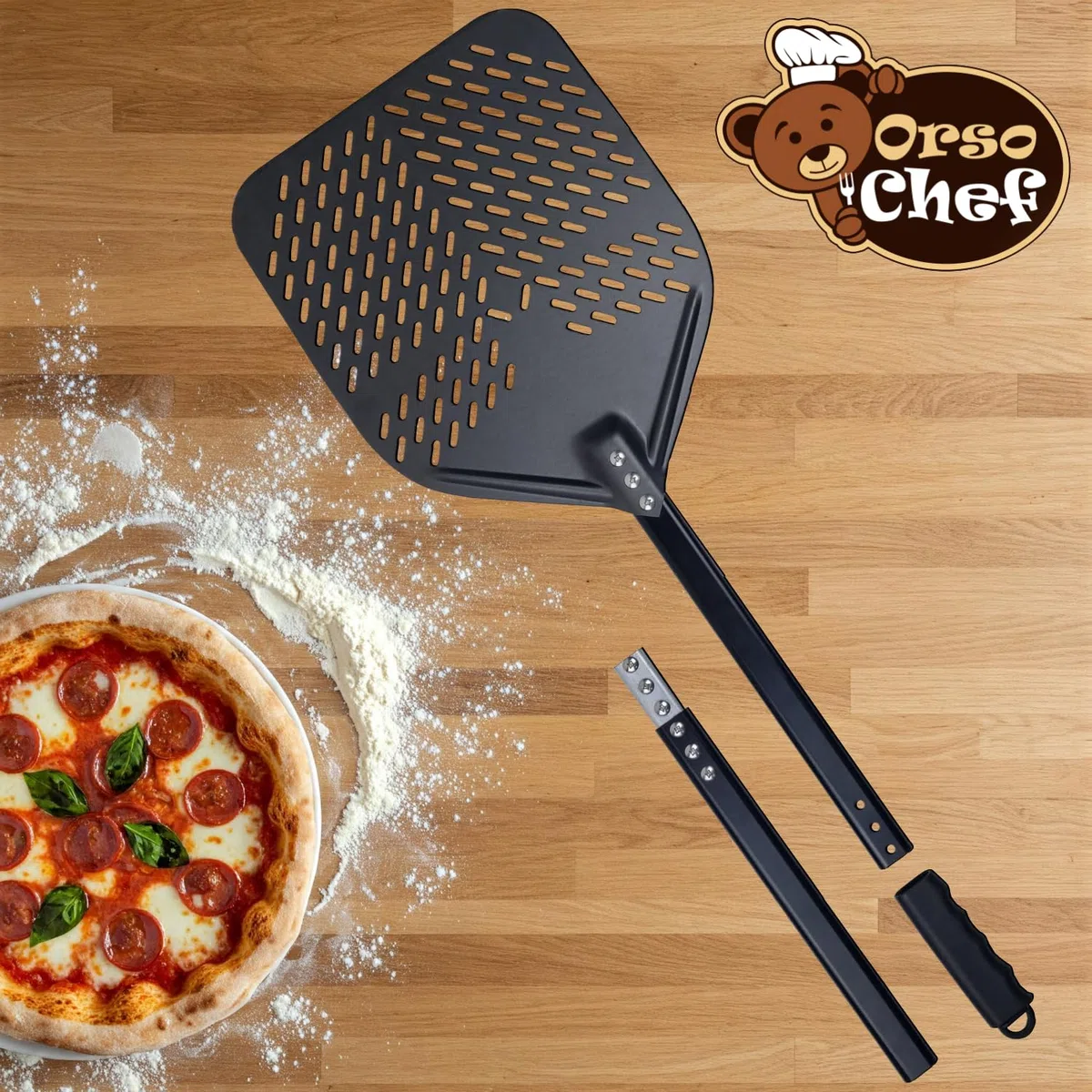 Pala per Pizza doppia misura 79-110 Cm. Pala in Alluminio, Pala pizza forata - Nuova foratura Professionale per infornare pizza pane e focaccia Orso Chef
