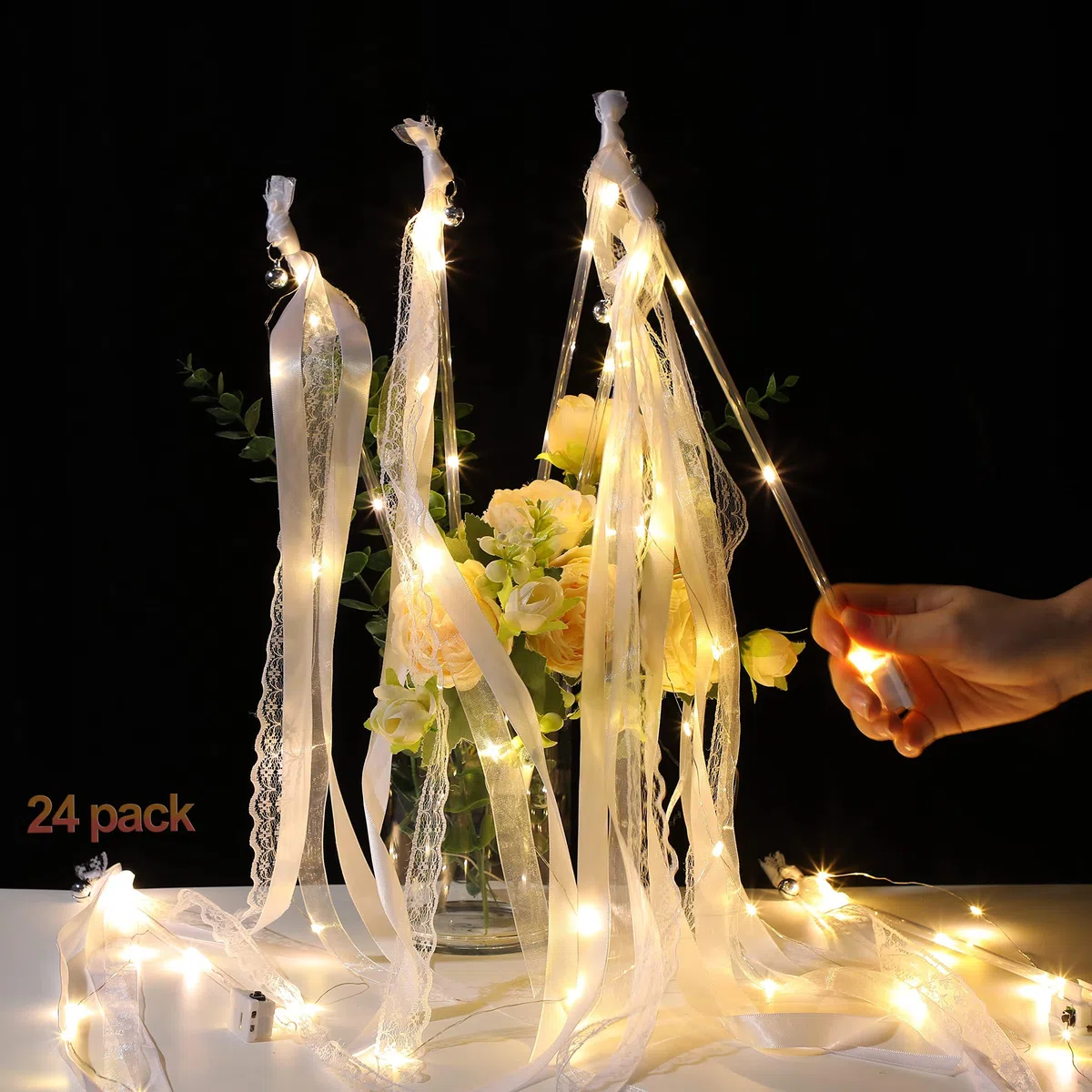 Bacchette Magiche per Matrimonio con Bagliore di Luce LED, Bacchetta Magica con Campana, Matrimonio Nastro, Bacchette da Sposa, Bacchette Nuziali, Bacchette di Pizzo Romantiche con Nastri Nuziali (24)
