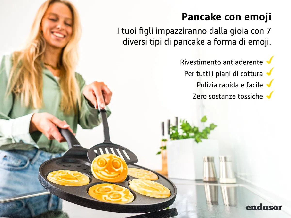 endusor Padella per Pancake con Faccine per Bambini - Ø26cm Padella per Pancakes smiley antiaderente | Per Fornelli a Induzione Gas Ceramica Elettrici Alogeni | Piastra 7 stampi per Pancakes Smiley
