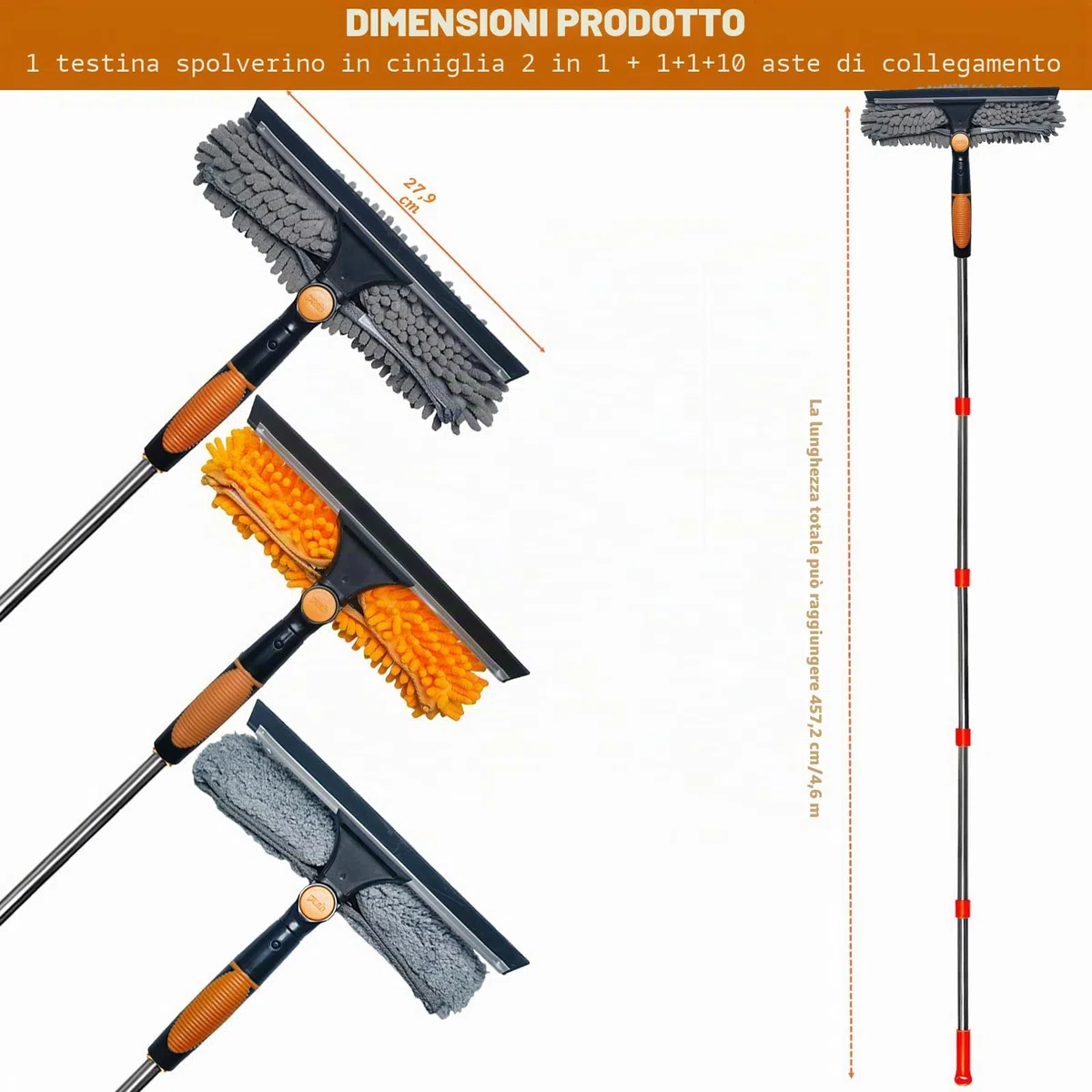 6,1 m + Reach lavavetri Duster 2 in 1, kit di strumenti per la pulizia dei vetri ruotabile con asta di estensione da 0,9 a 4,3 m, attrezzatura per il lavaggio dei vetri per interni ed esterni, 3