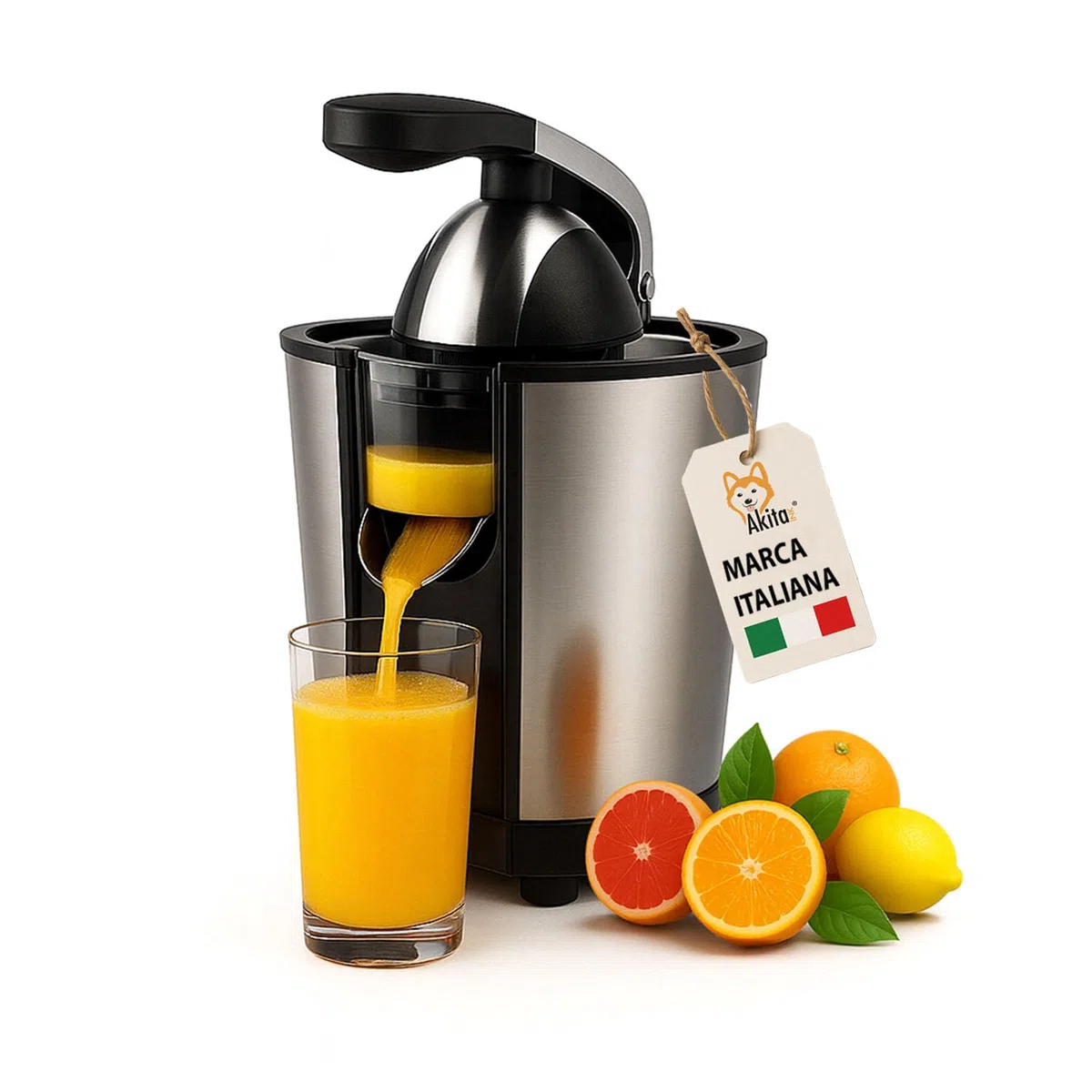 Akitaink Spremiagrumi Elettrico a Braccio 85W Acciaio Inox con Leva – Coni per Limone e Arancia Inclusi - Spremiagrumi Potente e Silenzioso