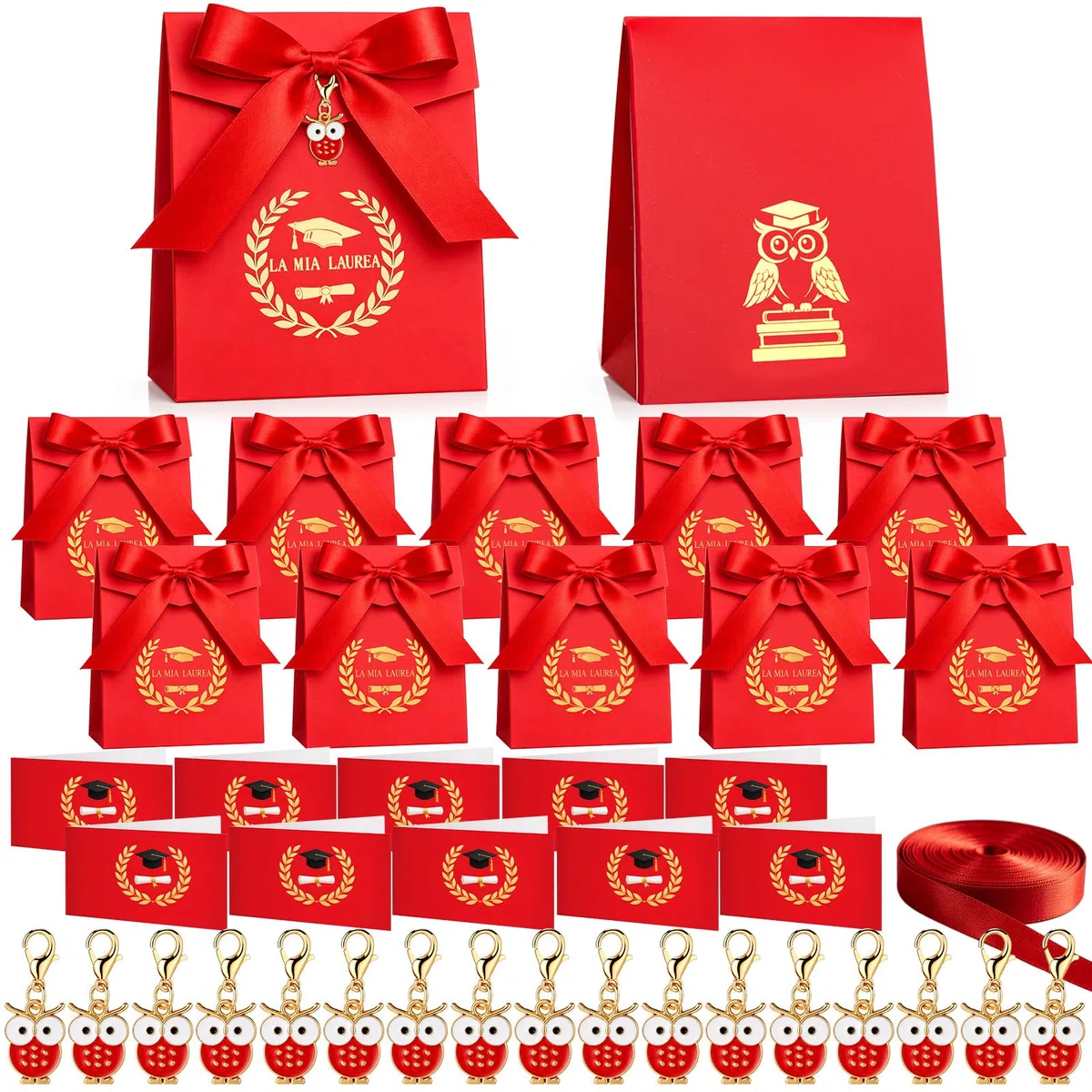 BBTO 50 Sets Scatoline Portaconfetti Laurea 50 Portachiavi Portafortuna 50 Scatoline Portaconfetti 50 Bigliettini Bomboniera 1 Nastro Regalo per Festa Cerimonia Decorazione(Gufo)