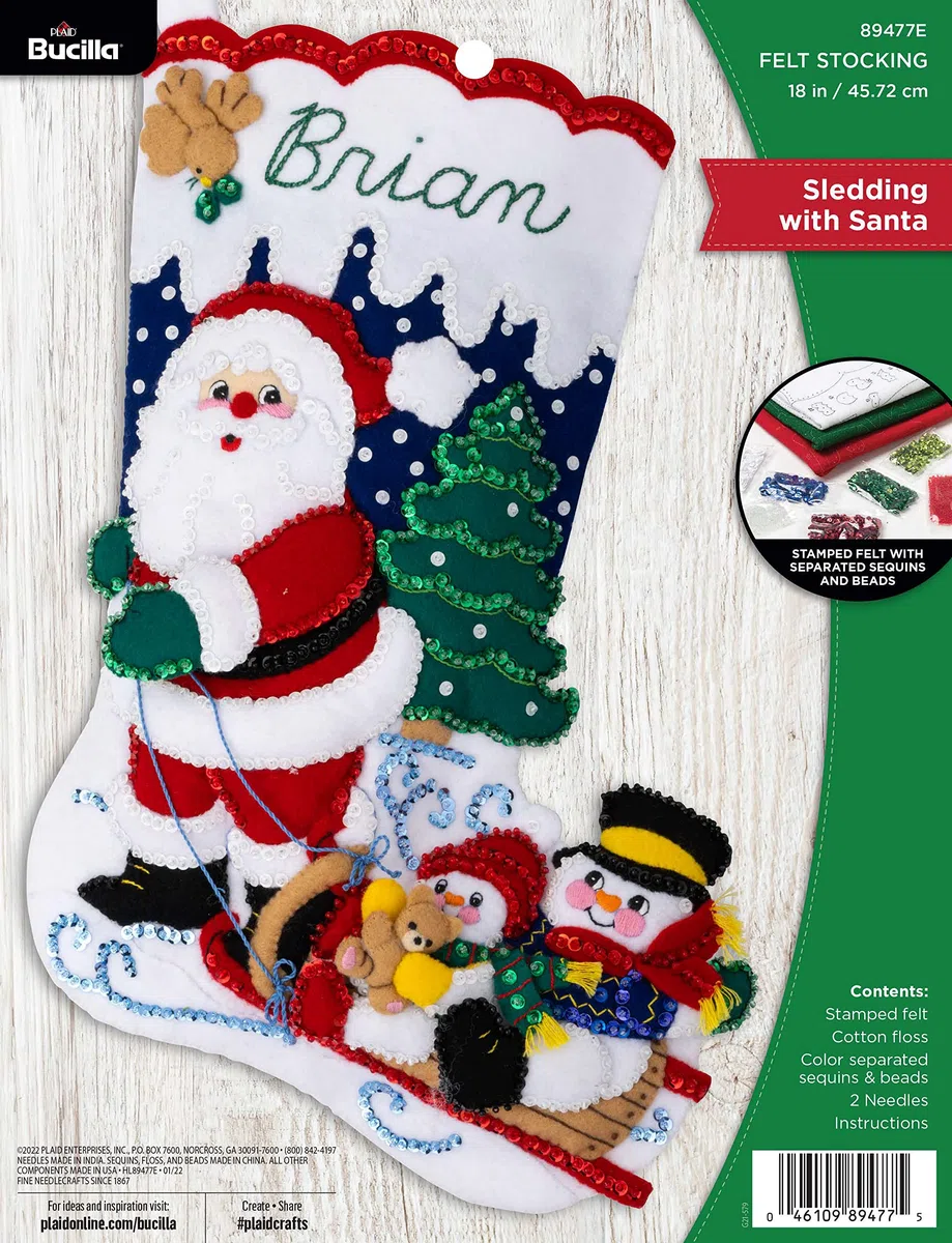 Bucilla Felt Stocking Applique Kit 18" Long-Sledding With Santa