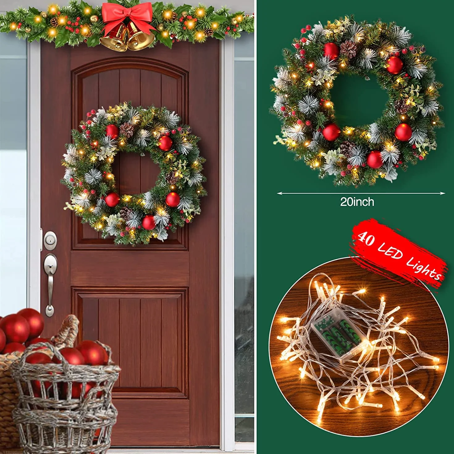 Ghirlanda natalizia da 40 cm, decorazioni per porta d'ingresso, con luci a LED e gancio, ghirlande artificiali per finestra, camino, decorazione natalizia da parete, per interni ed esterni,