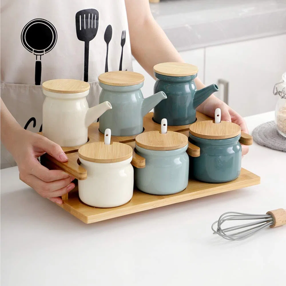 Set di 3 Zuccheriera in Ceramica, 300ml Contenitore per spezie barattoli spezie Rotonda con Coperchio e Cucchiaio, per Casa e Cucina