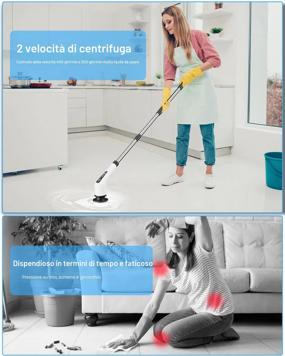 Spazzola Elettrica Rotante, Spazzola per La Pulizia Senza Fili con 8 Testine per Trapano Sostituibili, Vasca e Piastrelle per Pavimenti Scrubber Mocio Impugnatura Regolabile per Bagno, Cucina, Auto