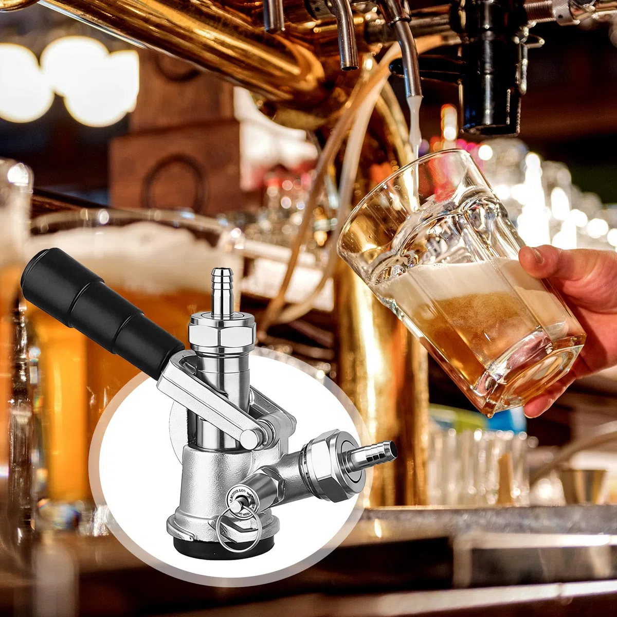 Testa di Spillatura per Fusto, Accoppiatore Keg Tipo D G5/8 con Valvola di Sicurezza Rubinetto in Acciaio Inox 304 per Sistema di Spillatura Connettore Compatibile con Birra Vino