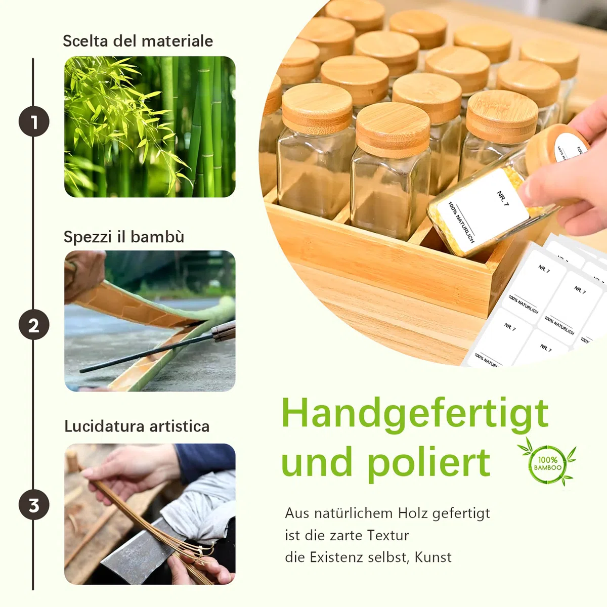 SAEIV Bamboo Organizador Cassetti Cucina, (12 x 120 ml) Barattoli Per Spezie + Portaspezie, Scaffale Cucina Set, Portaspezie Salvaspazio