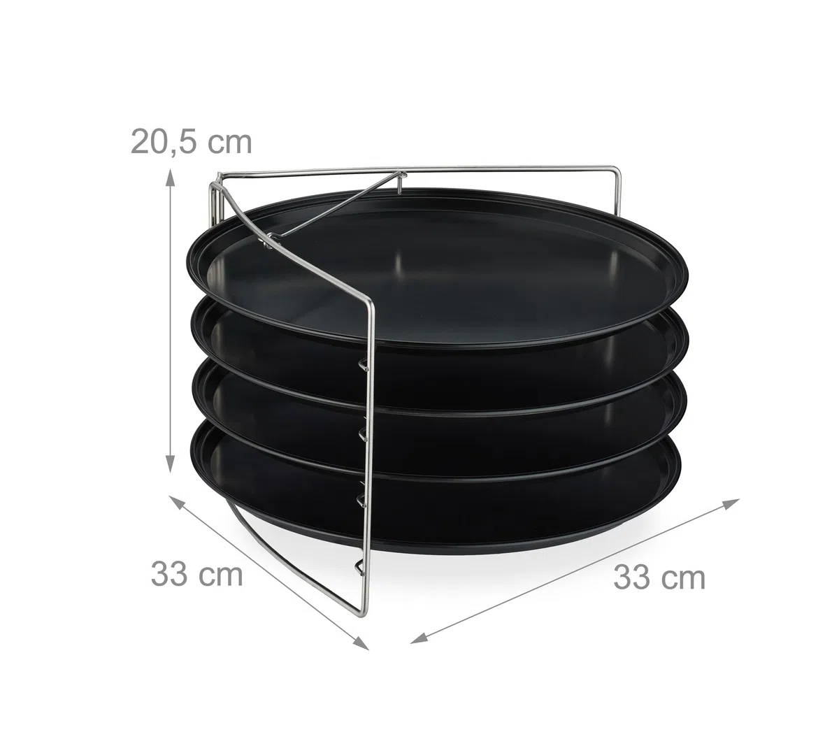 Relaxdays Teglie per Pizza Rotonde, Set da 4 in Acciaio al Carbonio Antiaderente, Supporto Inox da Forno, Impilabile