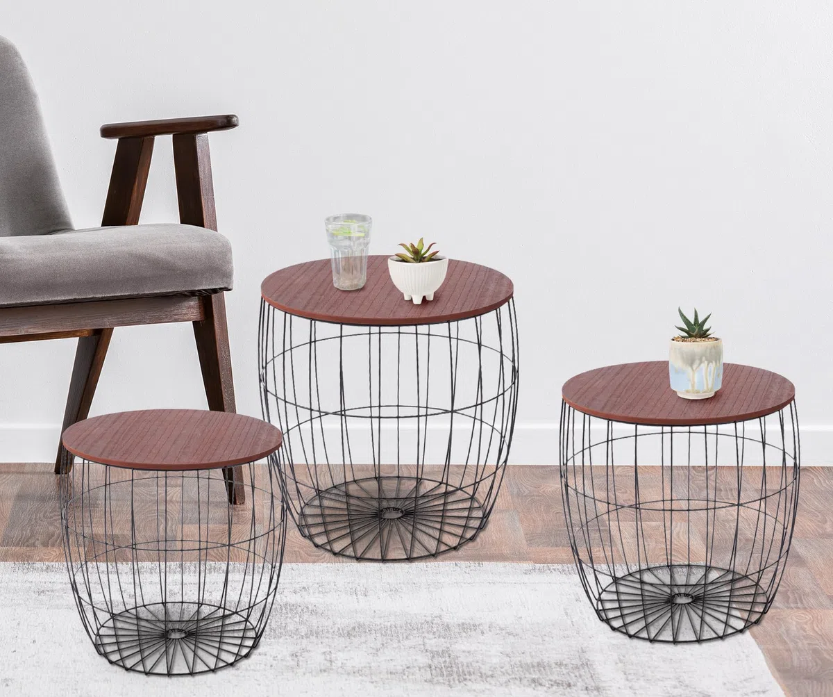 IlGruppone Set 3 Tavolini Da Salotto Sovrapponibili Caffe' Rotondi Design Moderno Tavolo Divano Top In Legno Struttura In Acciaio Stile Industrial Vano Porta Oggetti - Marrone - Modello 1