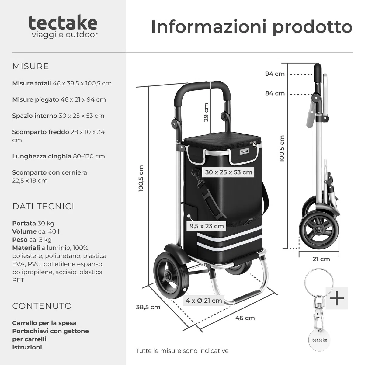 tectake® Carrello Spesa Shopper 3 in 1, Trolley Pieghevole con Borsa Termica per Surgelati, Carrello con Ruote Portatutto, Carrellino Spesa Con Ruote Scorrevoli, Capacità max 30 kg / 56L - Nero