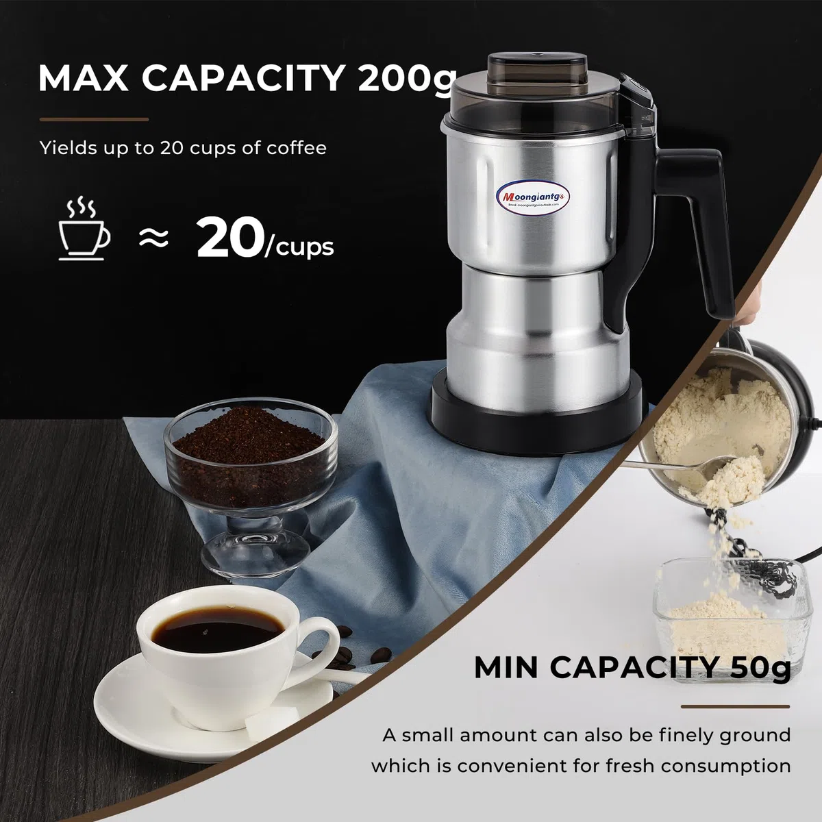 Moongiantgo Mulino Multifunzione per Cereali, Caffè e Spezie (250W 22000RPM, Capacità 200ml, Acciaio Inossidabile, Macinatura Ultra-fine per Cereali, Chicchi, Caffè - con Pennello e Cucchiaio)