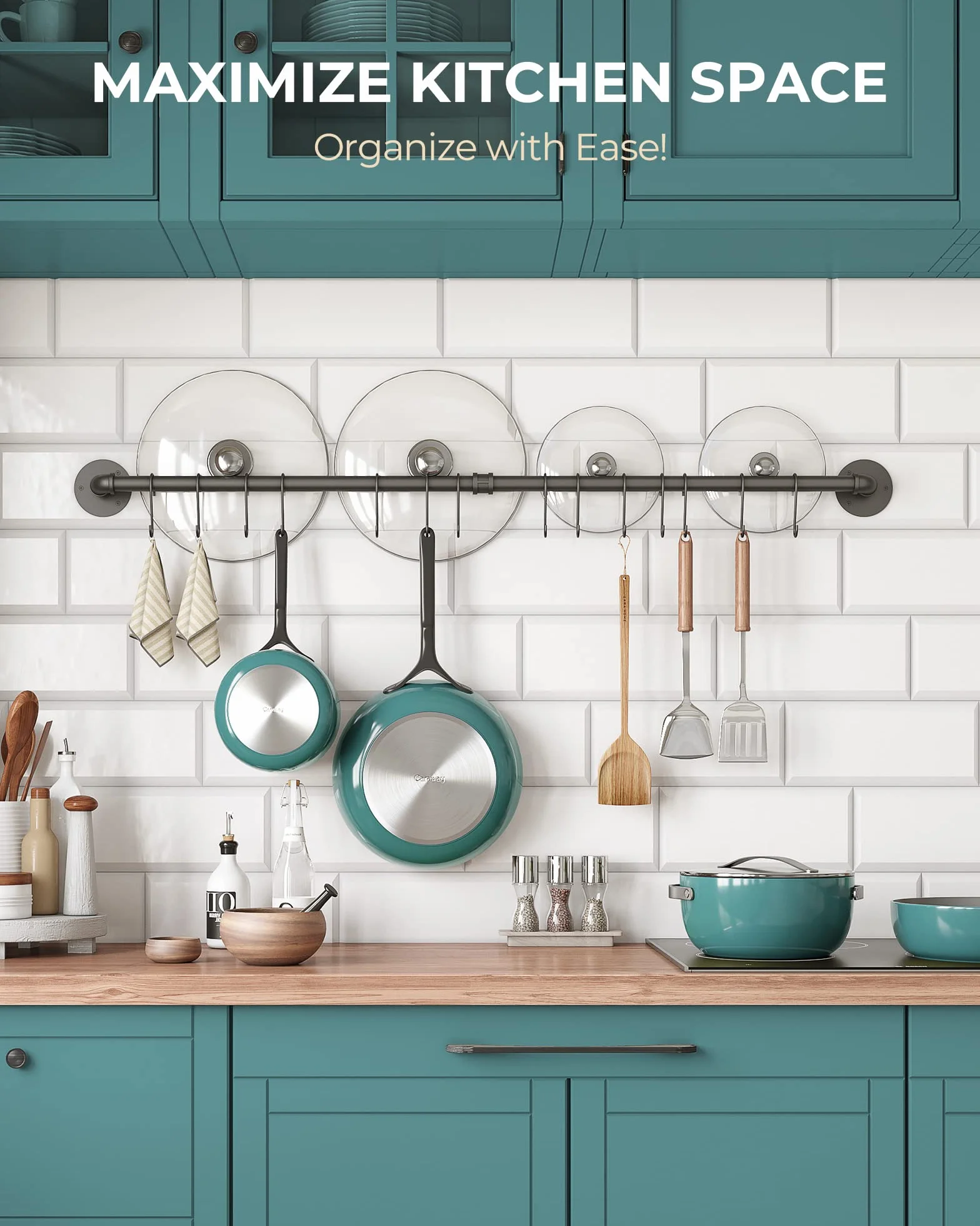 OROPY Mensola d'attaccatura degli Utensili della Cucina, 100cm Supporto della Parete dell'Acciaio Inossidabile dello scaffale con 14 Ganci (Nero)