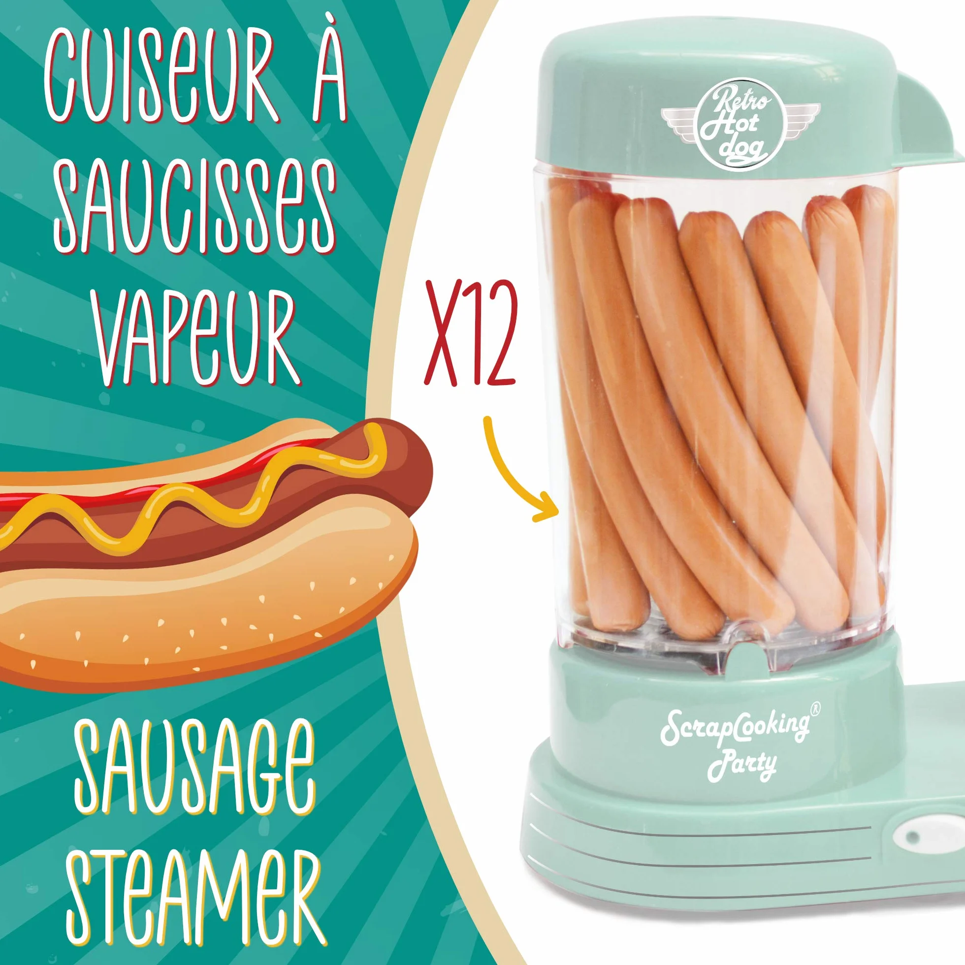 ScrapCooking - Macchina per Hot Dog - Cuoci Wurstel per Creare Veri Hotgog Americani - Capacità 12 Salsicce & 2 Panini, Stile Vintage Vintage per Serate Barbecue Feste Sagre - Verde