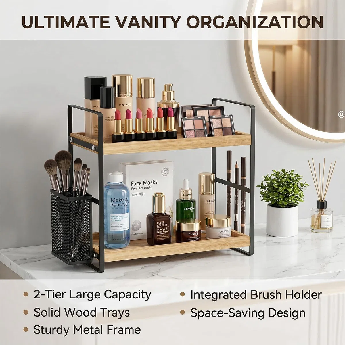 LEMIKKLE Organizer per il piano di lavoro del bagno, vassoio per profumo e organizer per cosmetici, organizer per la cura della pelle con cestino, organizer per bagno, cucina, comò, WOOD RACK-01