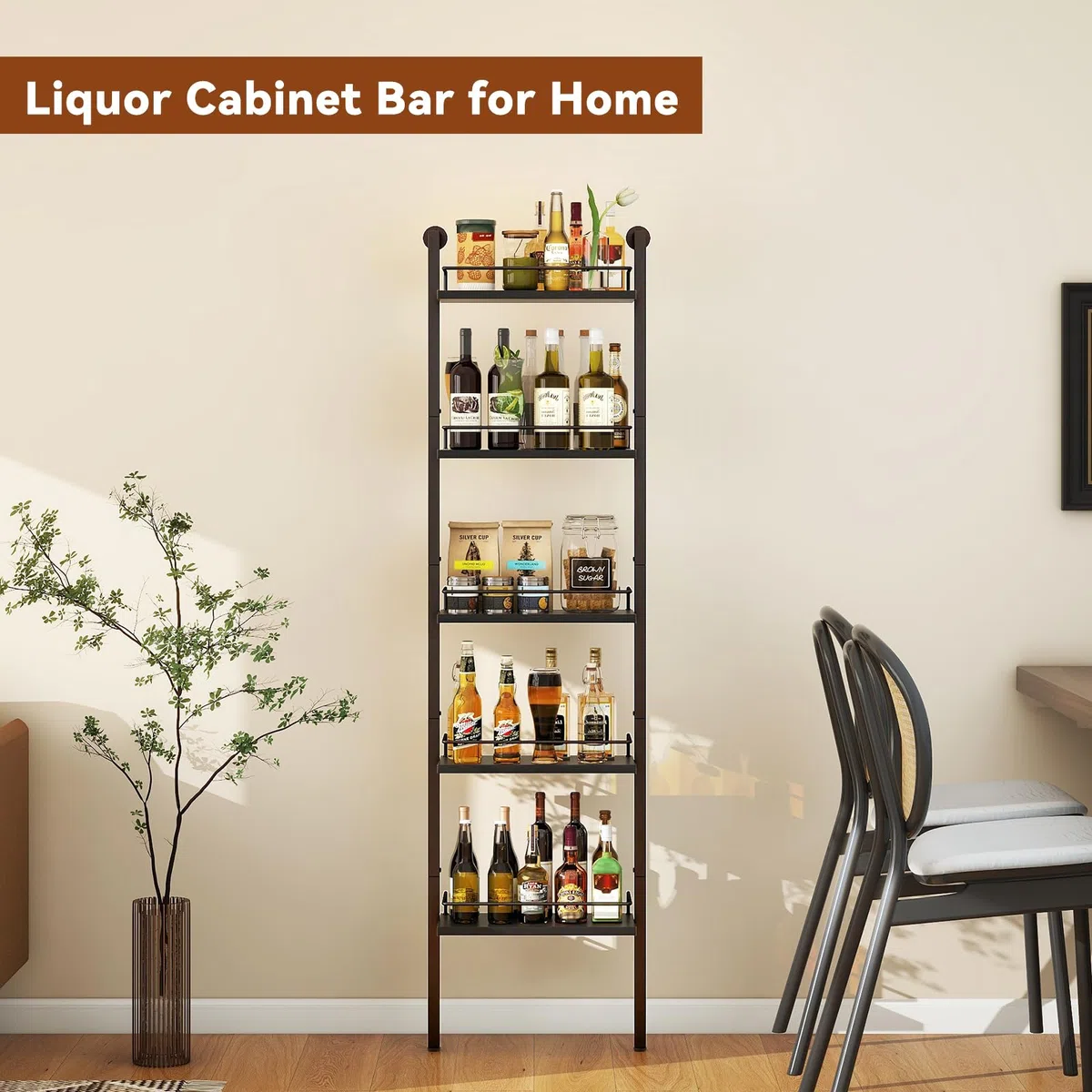 YMYNY 5-Tier scaffali di vino indipendenti, scaffale di esposizione bottiglie di liquore con recinzioni, scaffale galleggiante montato a parete per la cucina, 43 x 20 x 177CM Nero HWR001B