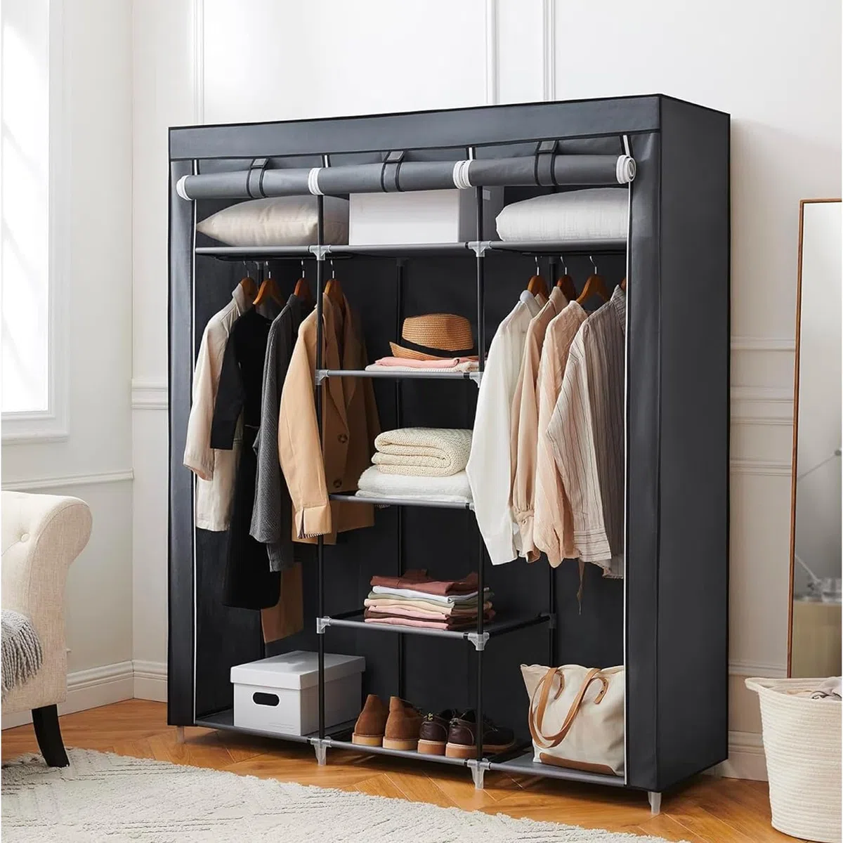 Avilia Armadio in Tessuto con Telo Zip – Guardaroba Salvaspazio con 9 Ripiani, 150x45x175 cm – Armadio Portaoggetti per Camera, Bagno o Soggiorno – Facile da Montare, 5 kg a Ripiano