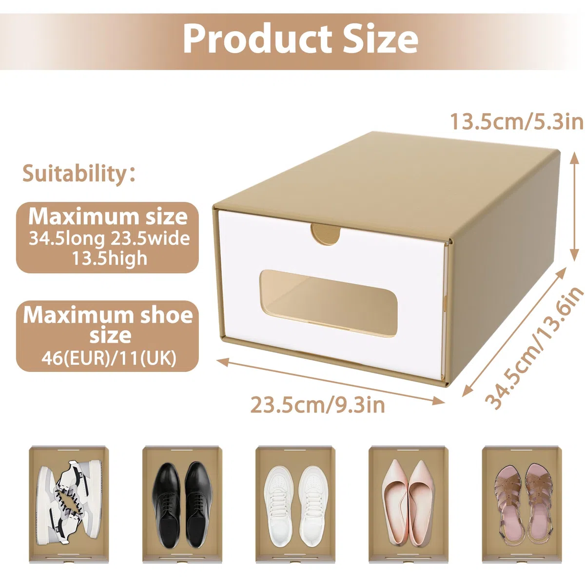 FIVMEN 10 scatole per scarpe impilabili in carta kraft con coperchio e finestra trasparente, organizer per scarpe, 34,5 x 23,5 x 13,5 cm