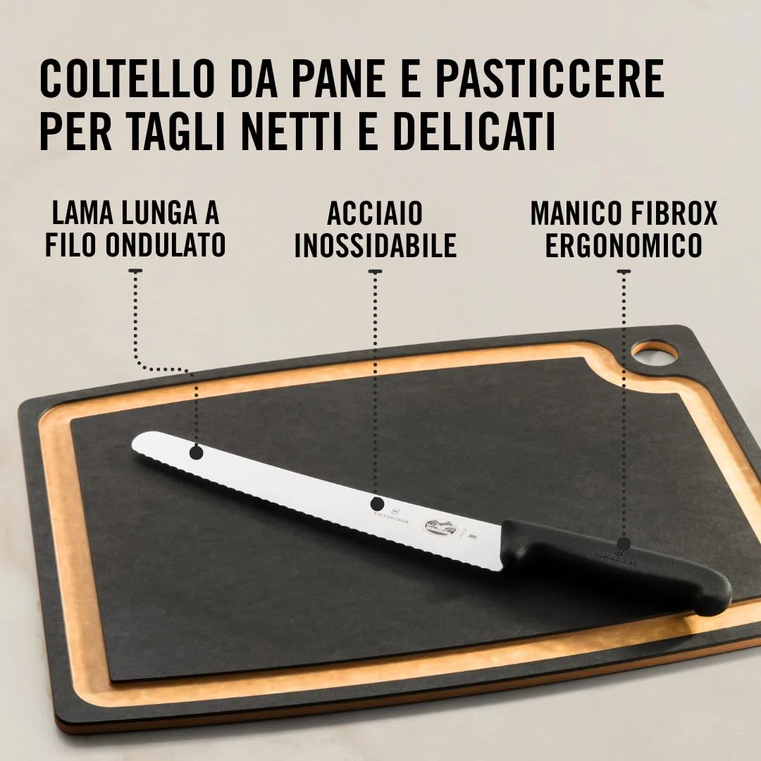 Victorinox Fibrox, Coltello da Pasticcere con Filo Ondulato, Coltello lungo per Dolci e Pane, 26 cm, Affilato, Acciaio Inossidabile, Nero