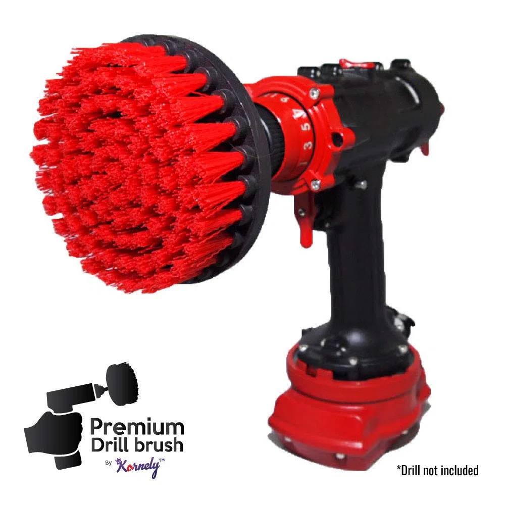 Spazzola Premium per Trapano-Rigida, Rossa, Set 3 Pezzi, 13cm. Spazzola di Pulizia Professionale.Non Graffia le Superfici.Per Garage,Piastrelle,Pietra,Camino e Pulizia dei Cerchioni dell'Auto