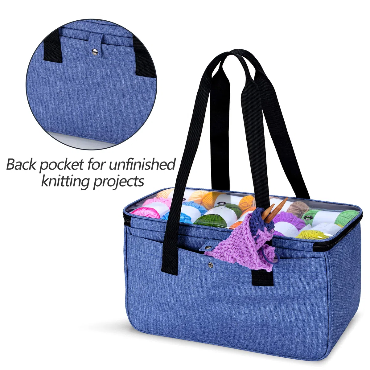 Yarwo Borsa per Lavoro a Maglia e Uncinetto, Borse da Trasporto per Lana Gomitolo e Ferri da Maglia, con Tasca per Progetti Incompiuti, Blu(SOLO BORSA)