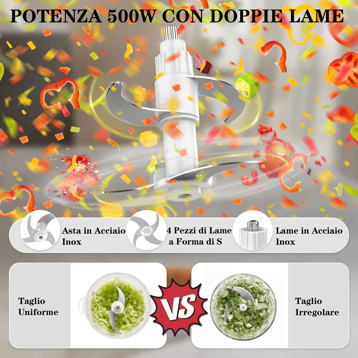 Tritatutto da Cucina Elettrico, 500W 2L Tritatutto Elettrico con Motore in Rame, 2 Ciotole (Vetro + Acciaio Inox), 4 Lame Affilate, 2 Velocità, Mini Frullatore per Carne/Verdura/Baby Food
