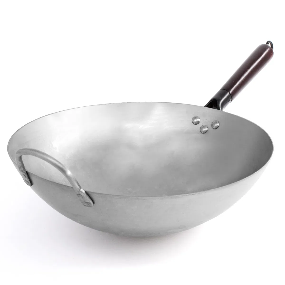 Joeji's Kitchen Wok in acciaio al carbonio 35 cm - Fondo tondo - Manico in legno rimovibile - Stile tradizionale martellato a mano - Padella Wok cinese robusta e pesante - Perfetta per piatti asiatici