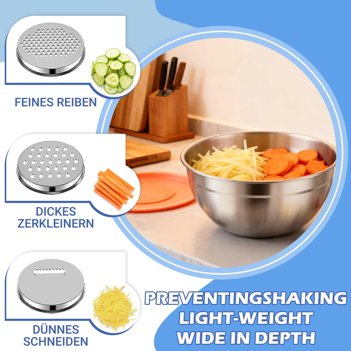 Pleafind Set di ciotole per mescolare 7 pezzi Ciotole annidabili in acciaio inossidabile con coperchi - con 3 accessori per grattugiare, capacità 4,5 QT, 4 QT, 3,5 QT, 2,1 QT, 1,5 QT, 1,1 QT, 0,7 QT