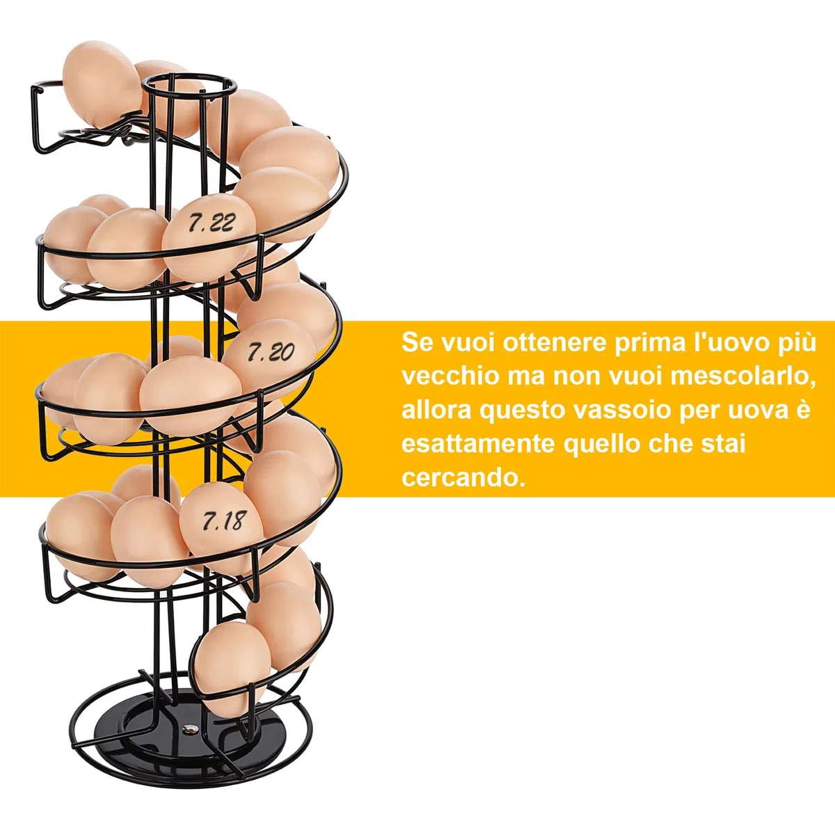 Toplife Porta Uova in Acciaio a Spirale, Portauova Salva Spazio per Cucina, Contenitore Uova Circa 30-36 Uova, Nero