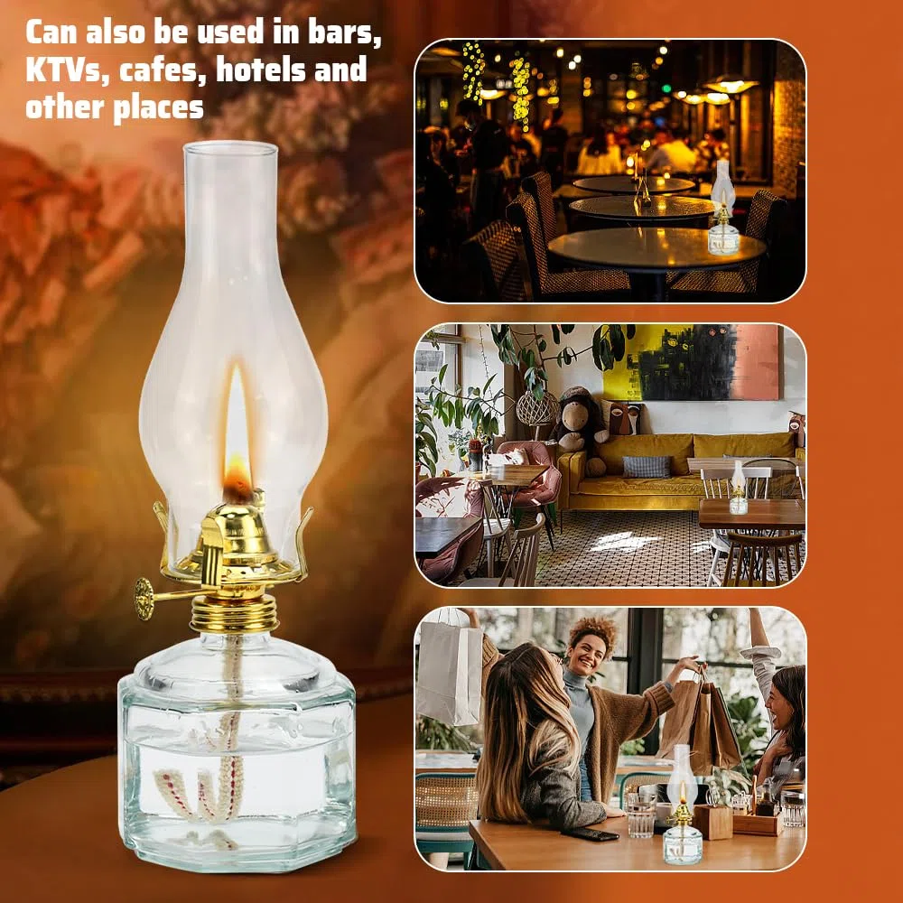 2 Pz Lampada in Vetro a Petrolio,Lanterna ad Olio in Vetro Trasparente,Lampada a Olio Decorativa Antivento,Lampada Lanterna Antica con 6 Pz Stoppini da 18cm per Interni ed Esterni