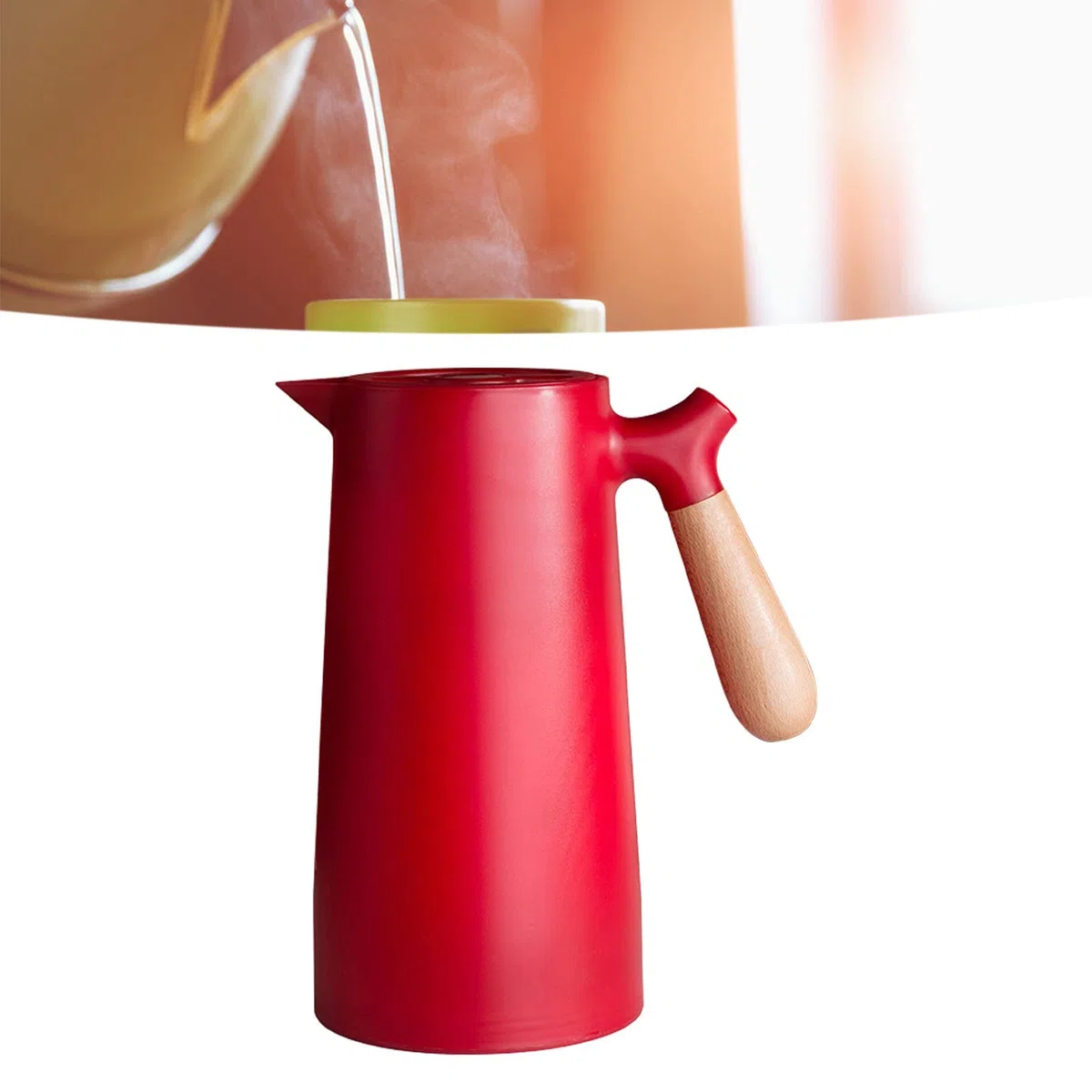 Caraffa Termica per Caffè da 1 Litro, Teiera per Caffè Sottovuoto a Doppia Parete con Rivestimento in Vetro per Caffè Isolato con Manico in Legno, Mantiene Caldo Freddo(Rosso)