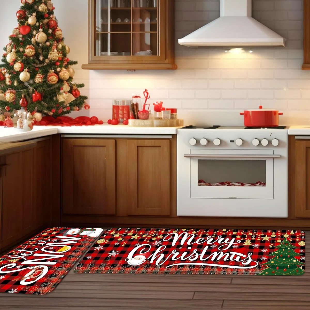 PLUSHCEWT Set di 2 tappeti da cucina natalizi, antiscivolo, lavabili, motivo natalizio con motivo a quadri di bufalo rosso, decorazione natalizia per la cucina (40 x 120 cm + 40 x 60 cm)