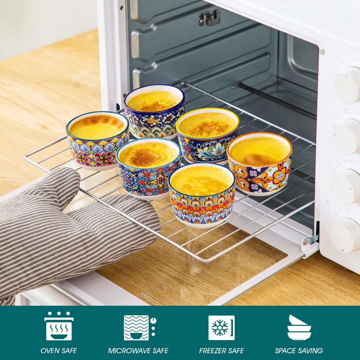 vancasso SIMI Pirottini per Soufflé Set, 6 X 120 ml Stampi per Soufflé, Mini Ciotole in Porcellana per Creme Brulè, Set da Stampi a Prova di Forno per Crema Pasticcera, Budino, Ø 8 cm, Stile Boho