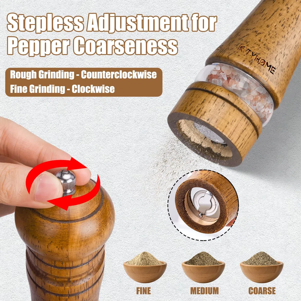 Set Macina Sale e Pepe in Legno, 2pcs Macinapepe Regolabile, Manuale Macina Pepe Con Sottovaso e Finestre Trasparenti, 2 Pennello per la Pulizia (21cm)