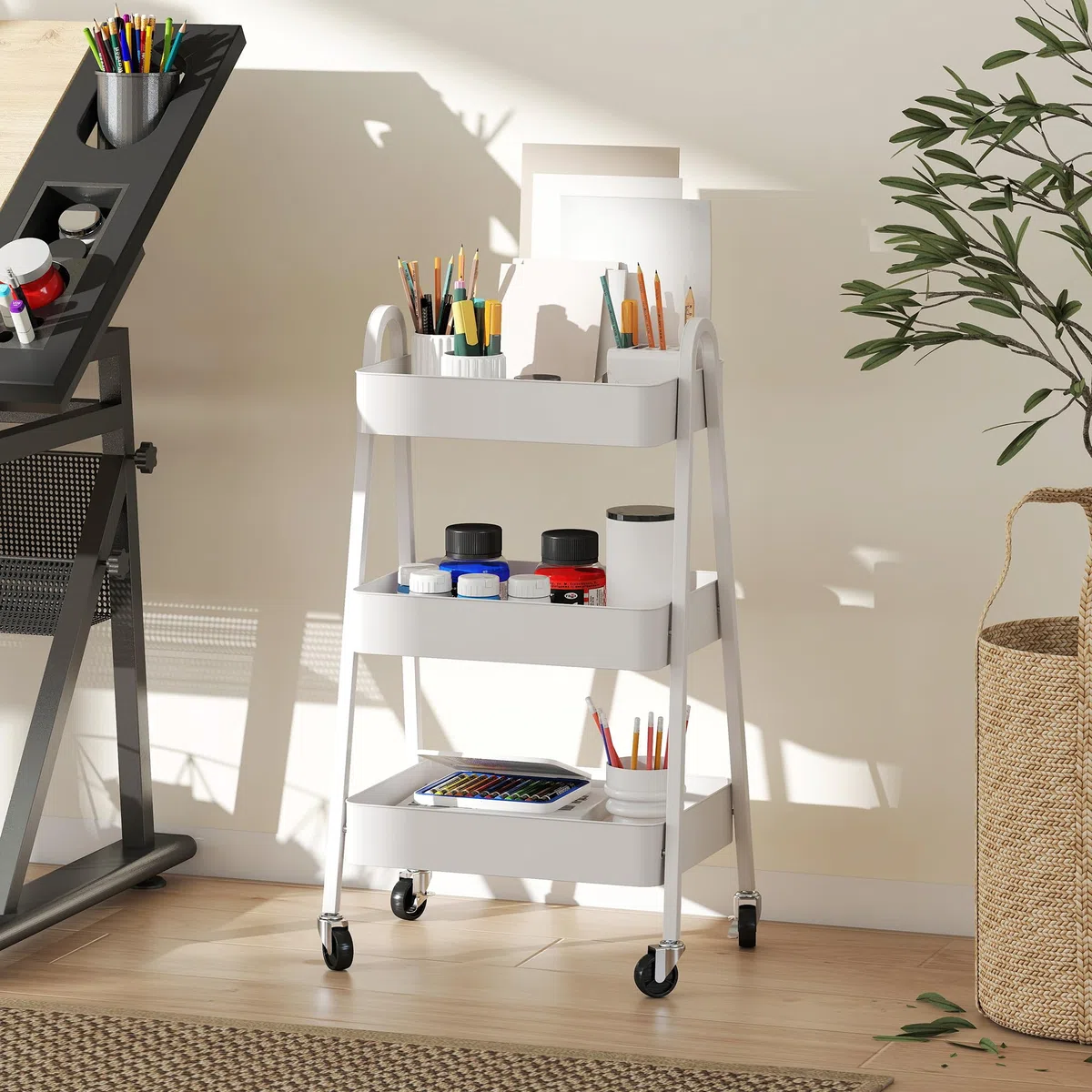 HOMCOM Carrello da Cucina a 3 Livelli con Ruote Girevoli e Maniglie, Carrello Portaoggetti Multiuso con Freni per Salotto, Soggiorno e Bagno, 42.4x29.8x74.5 cm, Bianco