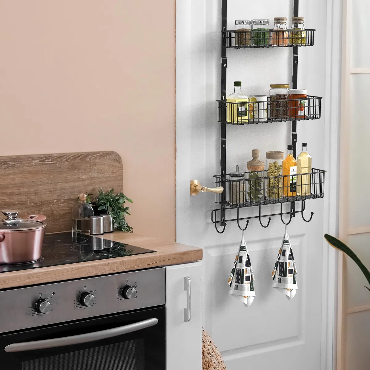 YBING Organizer sopra la porta con ganci 3 ripiani posteriori porta asciugamani cesti in metallo dietro mensola pensile dispensa rack per camera da letto bagno nero, R01-R984