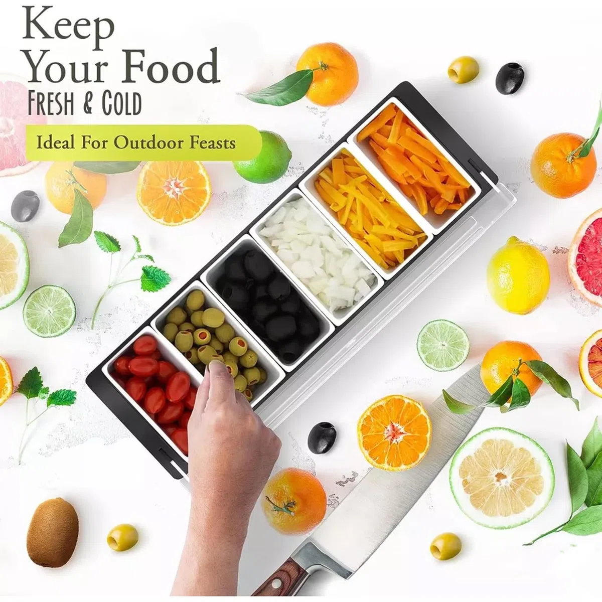Contenitore per condimenti refrigerati con coperchio, vassoio per frutta e condimenti, con 6 piatti rimovibili, per macedonia di frutta, taco e verdura