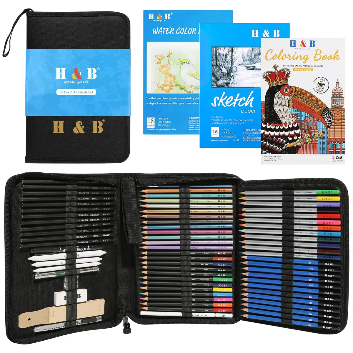 H & B 75 pezzi set matite da disegno,Kit Disegno Professionale, set per disegnare con Matite Grafite e Matite Carboncino, Kit Disegno Set Artista per Principianti Adulti