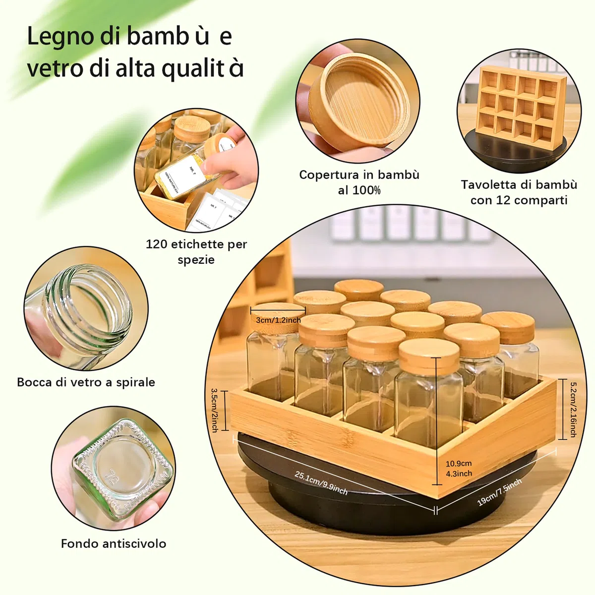 SAEIV Bamboo Organizador Cassetti Cucina, (12 x 120 ml) Barattoli Per Spezie + Portaspezie, Scaffale Cucina Set, Portaspezie Salvaspazio