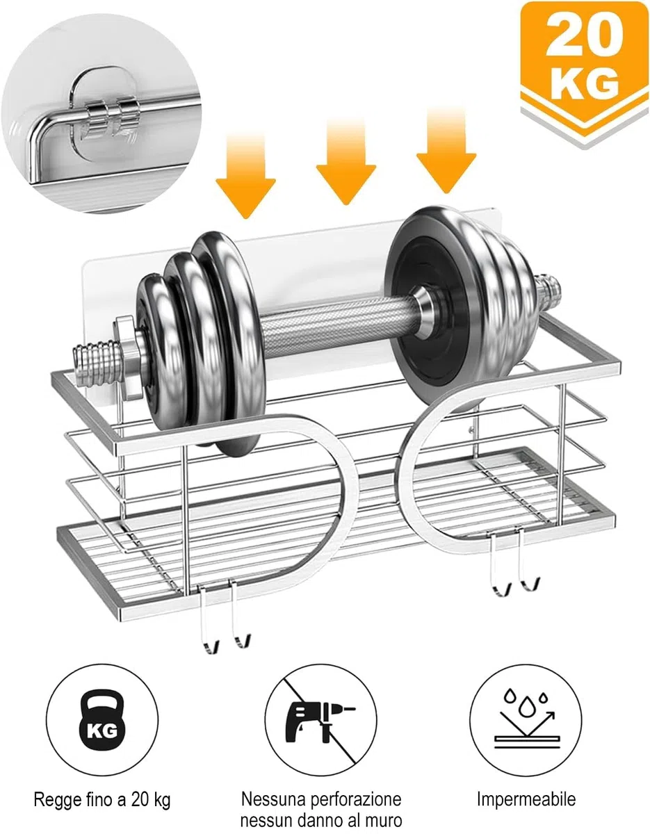 Mensola Doccia Adesiva Portaoggetti Doccia con Ganci 304 Acciaio Inox Resistente alla Ruggine per Shampoo, Spugne, Rasoi 2 Pezzi(Argento)