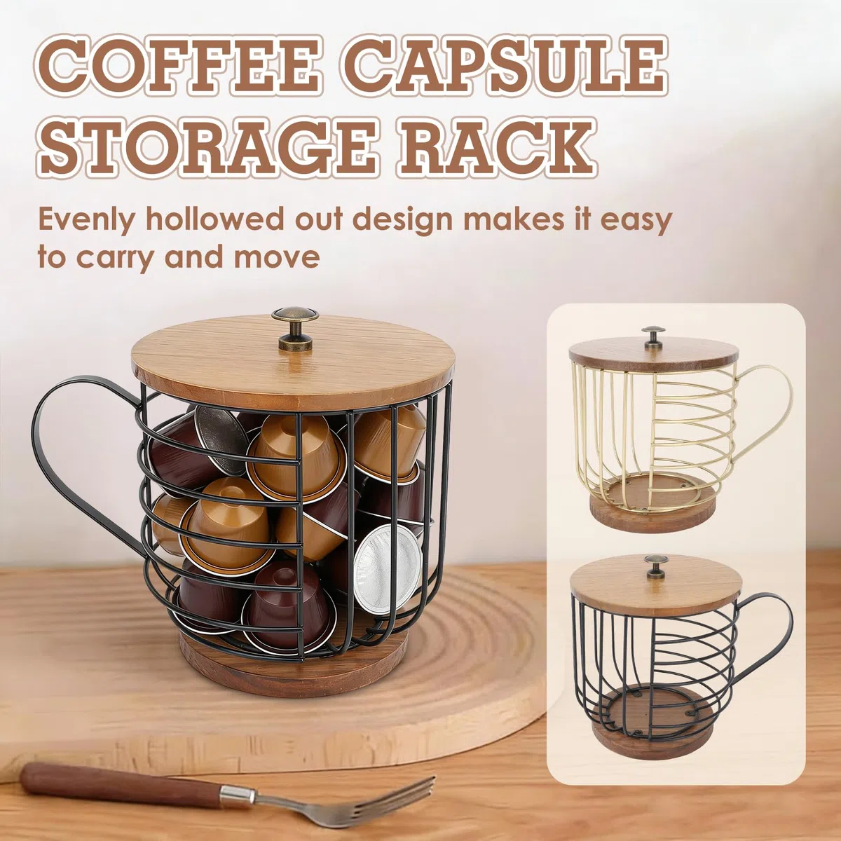 Buachois Porta Cialde Caffè,Cestelli Per Cialde Caffè, Base in Legno di Grande Capacità,Contenitore per Cialde Caffè, Contenitore in Filo Metallico Kup con Coperchio Per Bar Domestico(Nero)