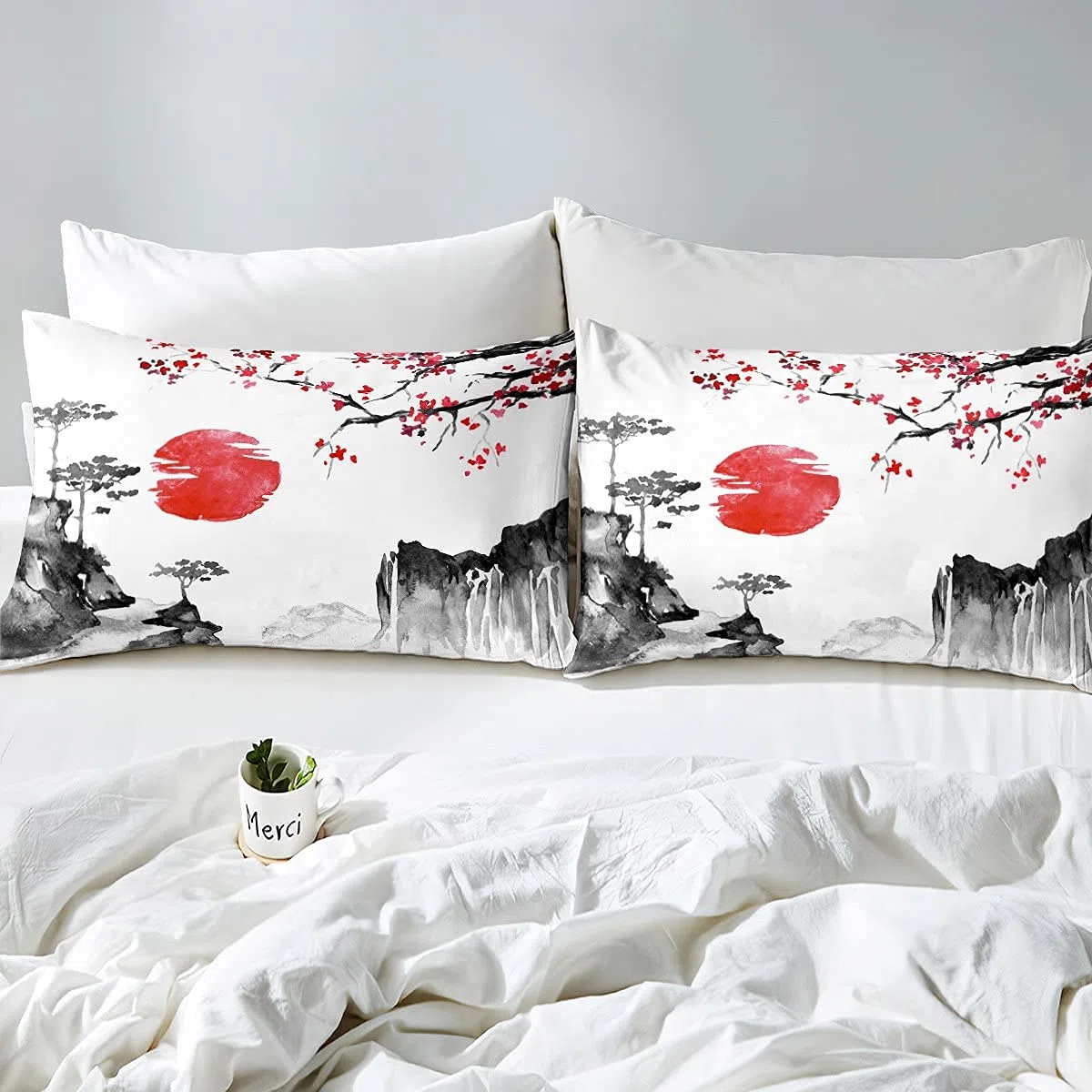 Loussiesd Set di Biancheria da Letto Ukiyoe Giapponese con Fiori di Ciliegio Rosso Sole, Copripiumino Esotico, 3 Pezzi, King Size