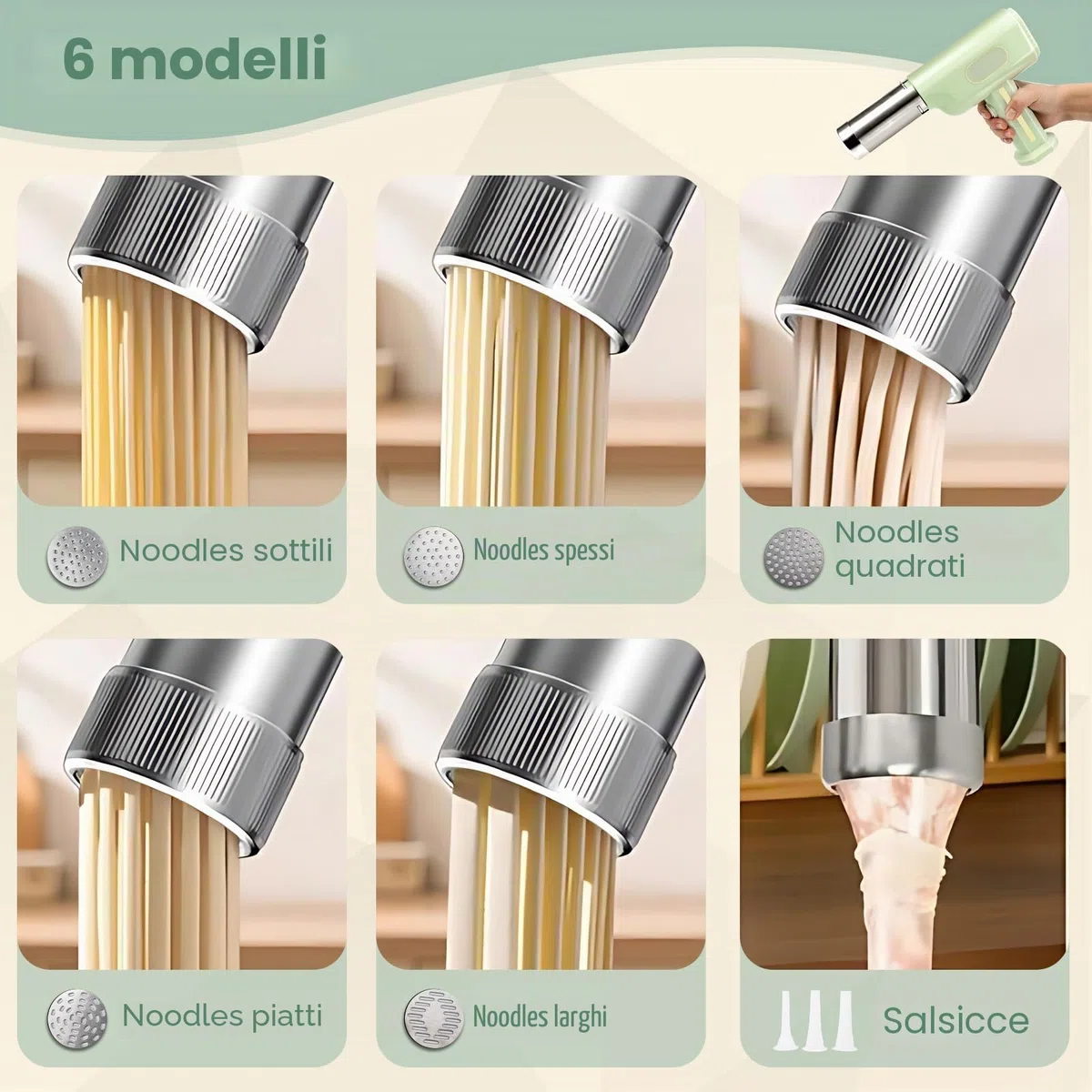 Macchina per pasta elettrica, pressa per pasta portatile con batteria da 2600 mAh, 5 stampi per pasta, 3 teste di salsiccia, spatola e misurino, macchina per pasta automatica