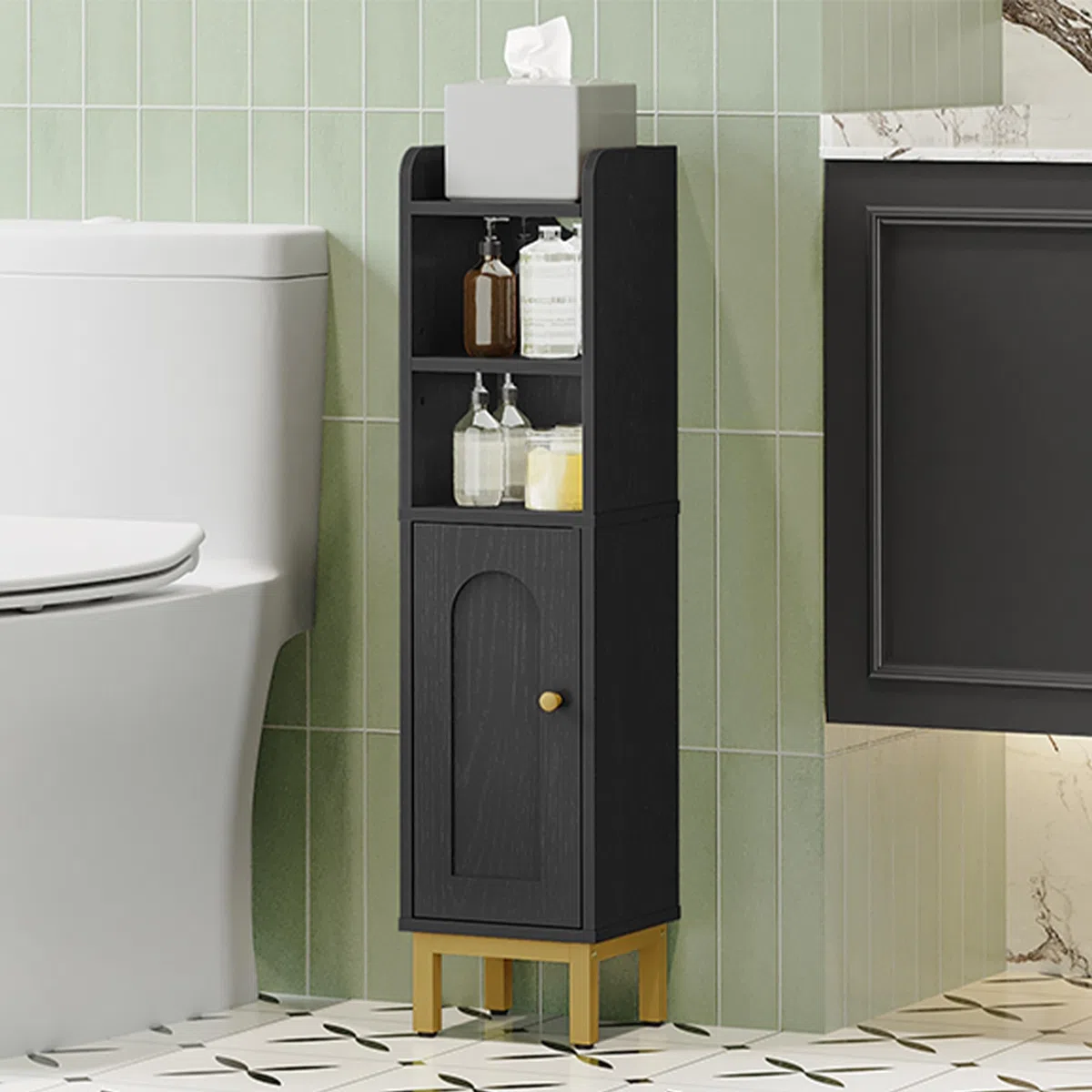 Hzuaneri Mobile a Colonna, Mobile da Bagno a Colonna, Armadietto Salvaspazio, Accanto al Water, con Ripiano Regolabile, Facile da Montare, 20 x 20 x 83 cm, Nero-Oro BC08206X