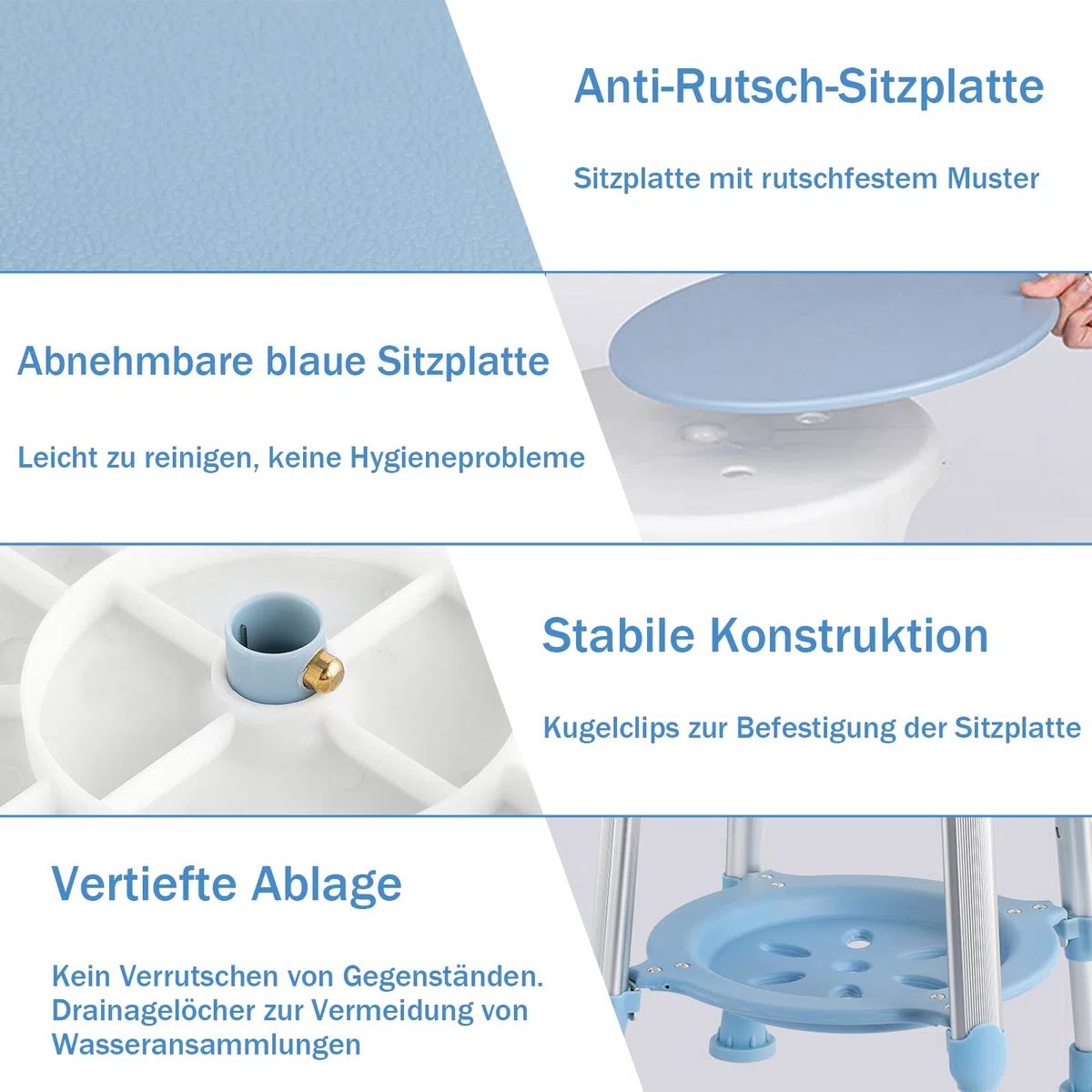UISEBRT Sgabello doccia girevole, Sedia per doccia regolabile in altezza, Sgabello bagno per anziani, Piedini antiscivolo, con ripiano