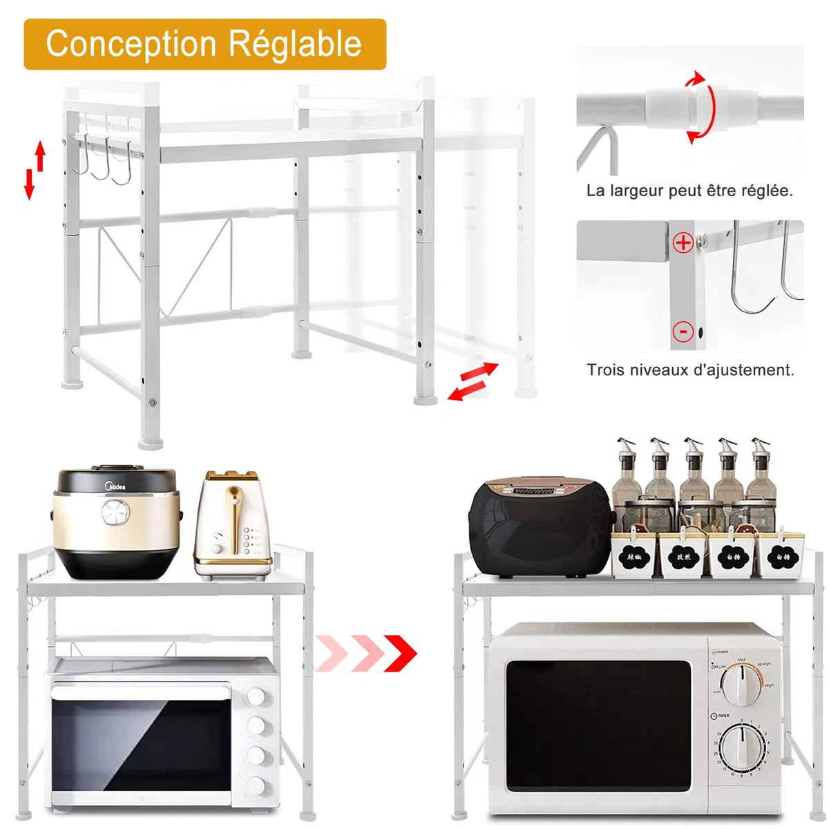 IBVIVIC 2 livelli, supporto estensibile in metallo, forno a microonde, supporto per scaffale per forno a microonde, altezza e larghezza regolabile, con 3 ganci per il posto per lo stoccaggio della