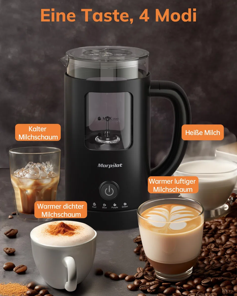 Morpilot Montalatte elettrico, 4 in 1, per acqua calda e fredda, 550 W, 600 ml, design latte, vetro visivo, facile da pulire, nero